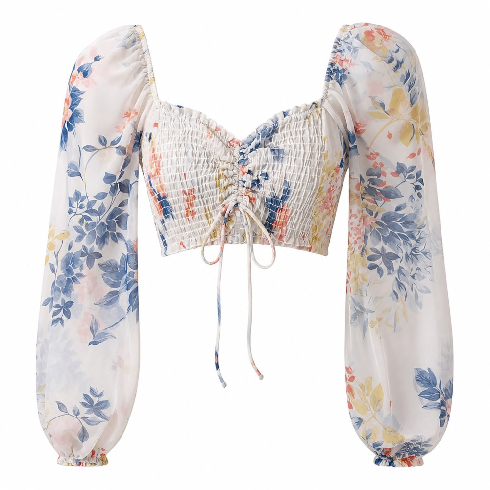Windsor Tropical Babe Chiffon Floral Long Sleeve Crop Top
